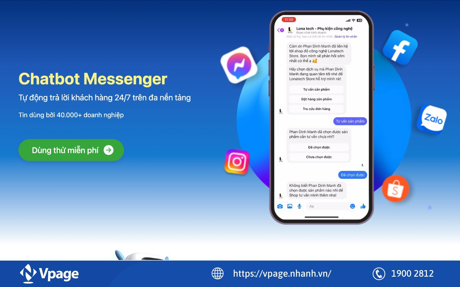 Chatbot Messenger cùng Vpage